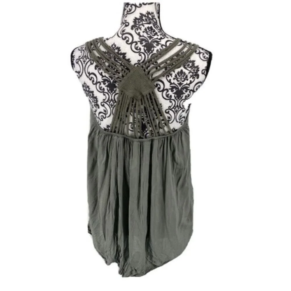 Italian made crochet trim cutout back tank. Olive. Summer Light. One Size - Picture 1 of 7